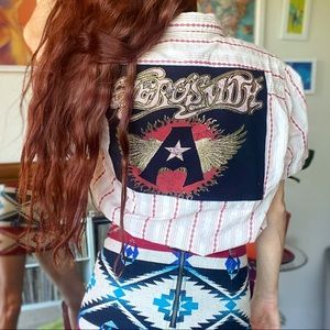 Custom Upcycled Aerosmith Embroidered Patch Button Down Shirt W/ Collar